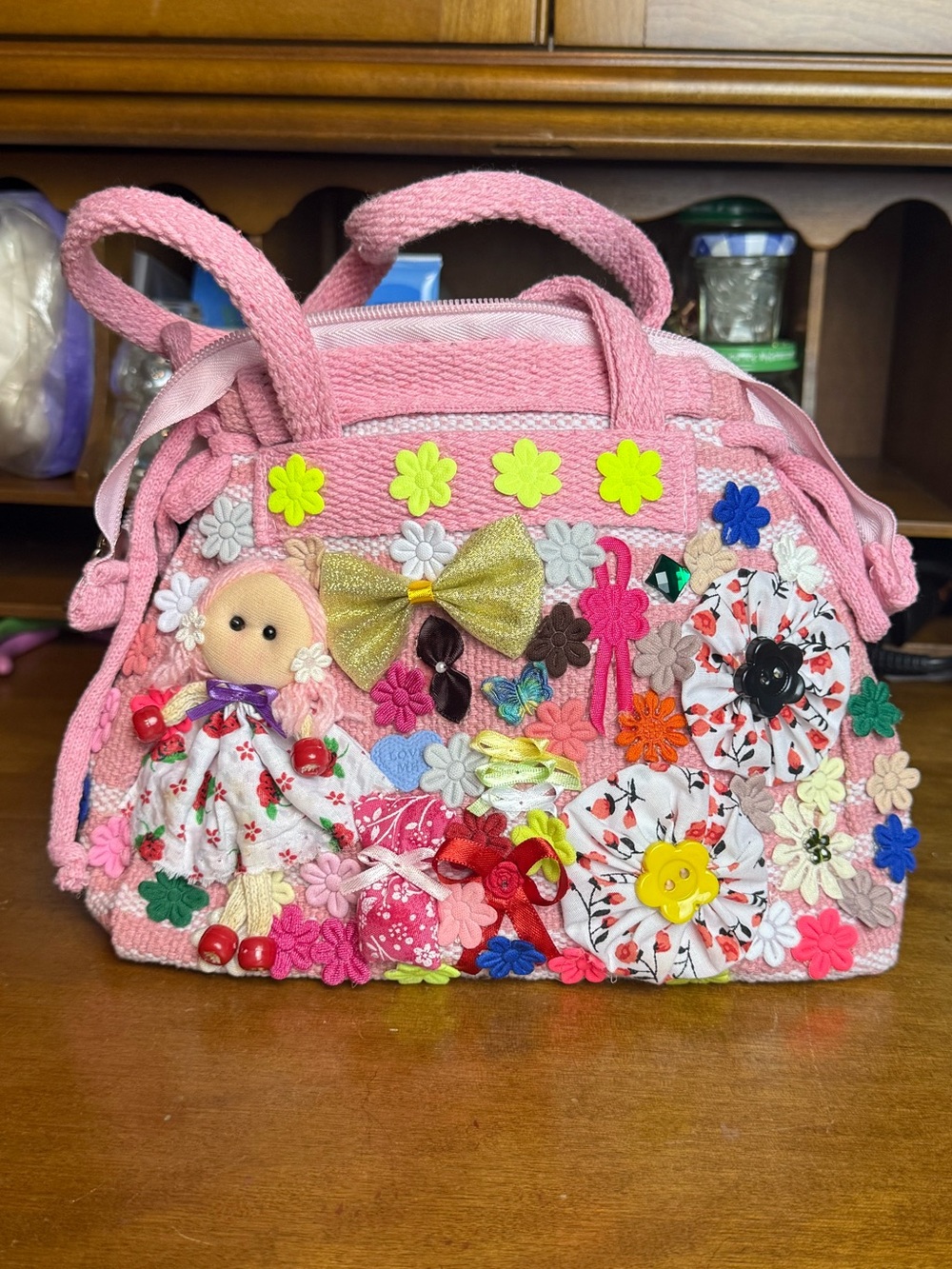Whimsical Pink Floral Appliqué Mini Handbag
